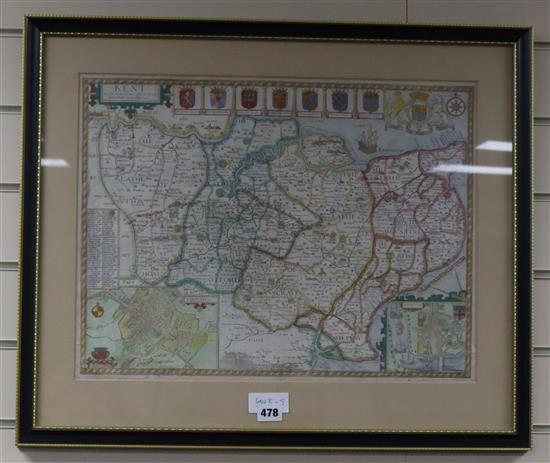 John Speede, coloured engraving, Map of Kent, 38 x 50cm, reverse glazed